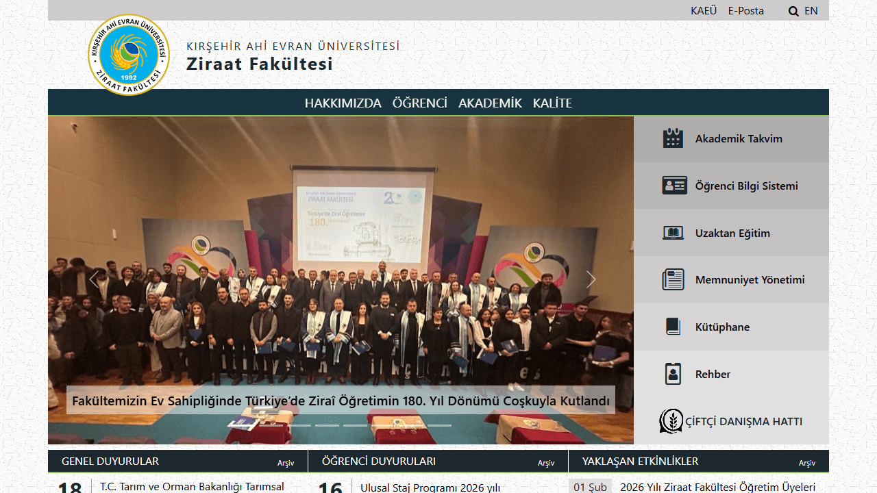 Ahi Evran Üniversitesi Ziraat Fakültesi web sitesi